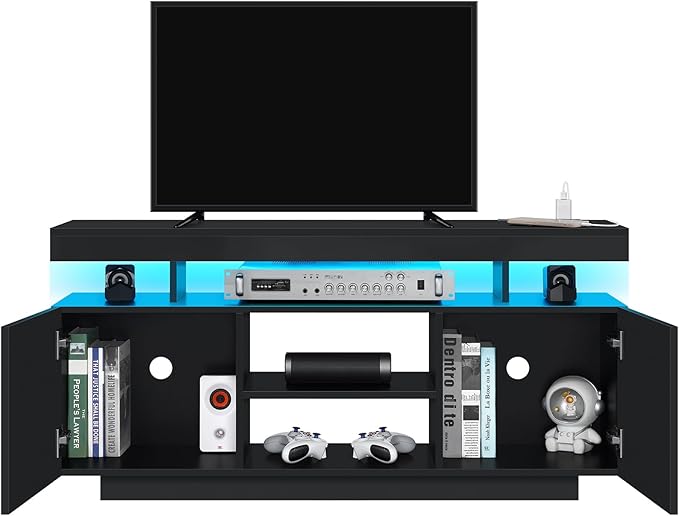 HOMMPA Modern LED TV Stand for 55/50/43/40/32 inch TVs with Power Outlets, Gaming Entertainment Center with Storage Media Table TV Consoles for Living Room, Black