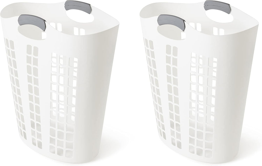 Gracious Living Easy Carry Flex Hamper, Large 87.5 Liter Lightweight Plastic Ventilated Laundry Basket Clothes Bin with Handles, White (2 Pack)