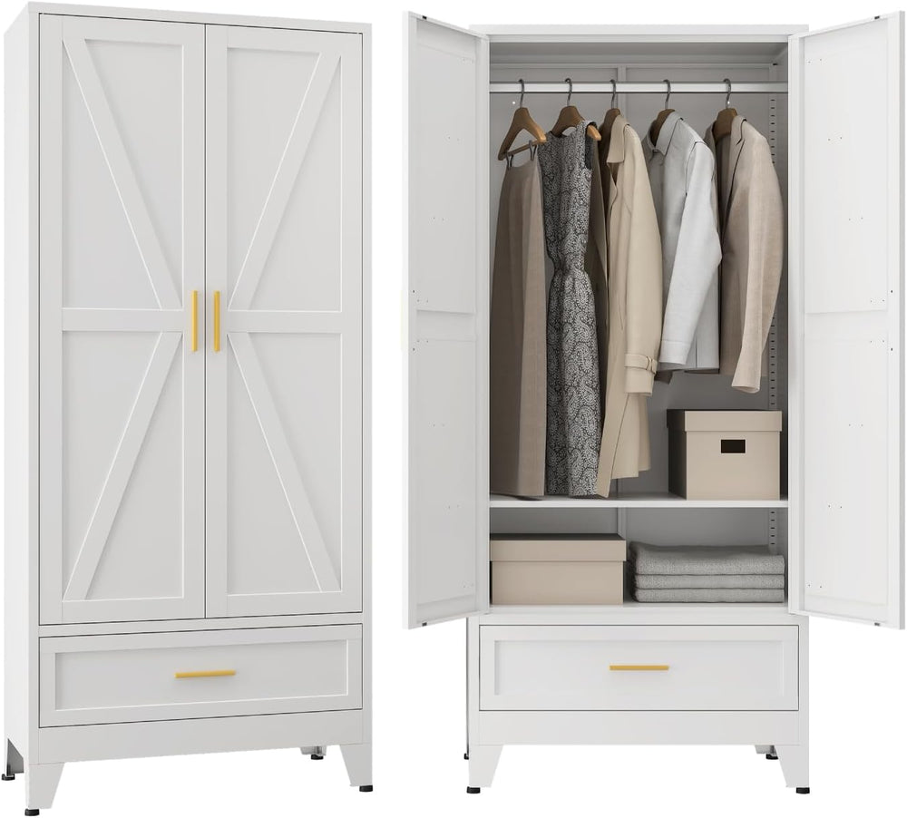 Metal Wardrobe Closet Hanging Rod 71" Tall, Heavy Duty Steel Armoire War...