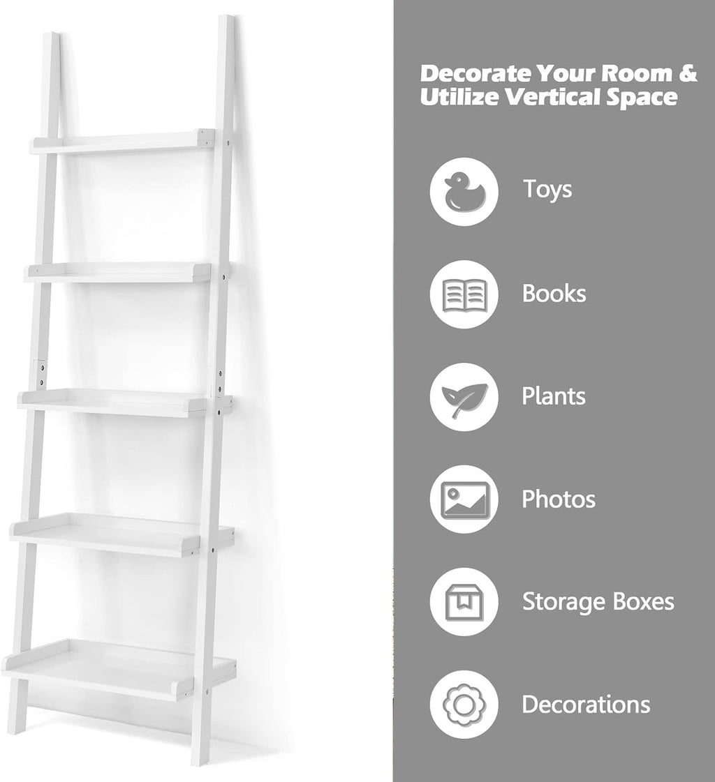 5-Tier Ladder Shelf, Wooden Wall Leaning Bookshelf Rack, Modern Display Storage Bookcase Unit for Home Office Living Room