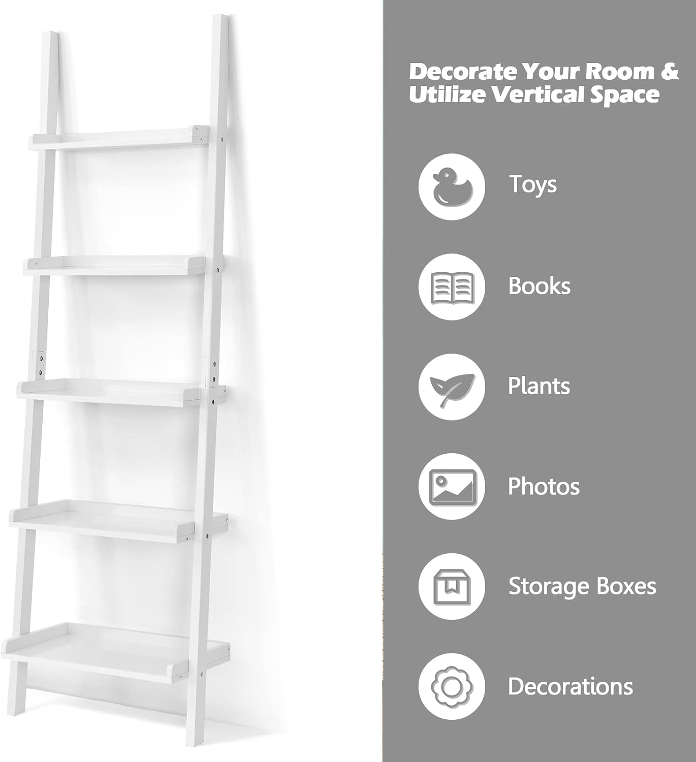 5-Tier Ladder Shelf, Wooden Wall Leaning Bookshelf Rack, Modern Display Storage Bookcase Unit for Home Office Living Room