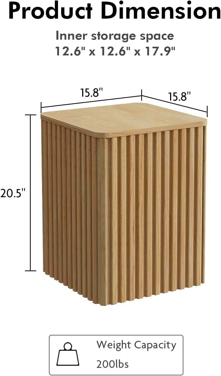 HOKYHOKY Fluted Side Table with Storage – Small Square End Table with Solid W...