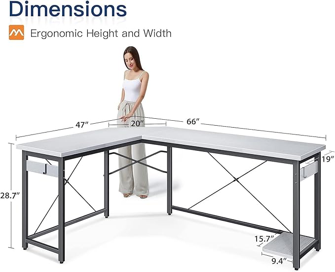 Coleshome 66" L Shaped Gaming Desk, L Shaped Desk, Computer Desk, Gaming Desk, Writing Desk, Home Office Desk, White