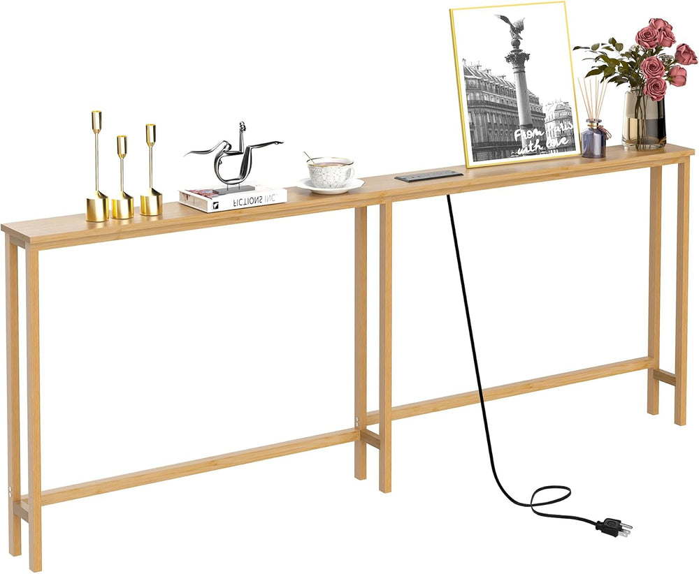 VASMIA 70.9 Inch Narrow Console Table with Outlet,Bamboo Behind Couch Sofa Ta...