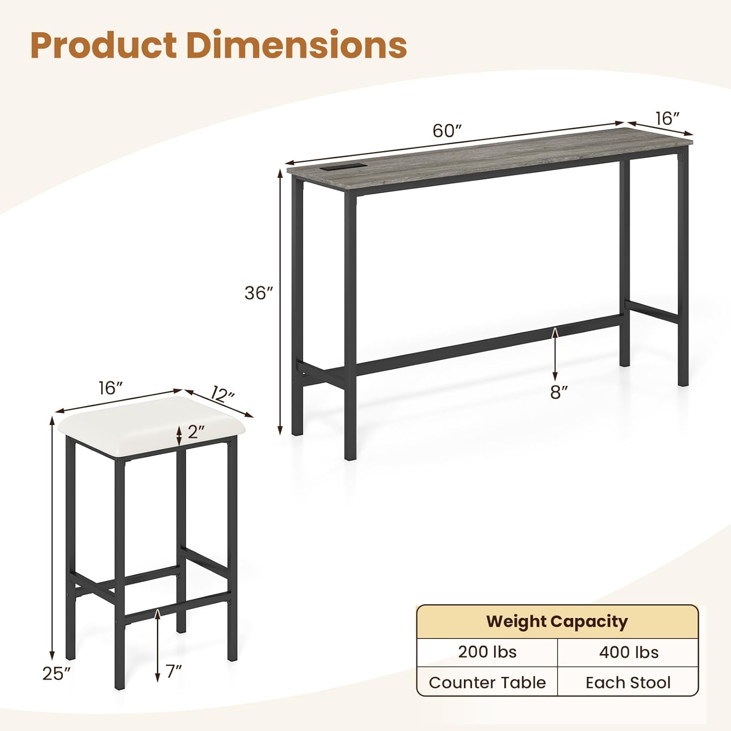 COSTWAY 4 Pieces Counter Height Bar Table Set with Power Outlet, 60" Farmhouse Modern Dining Table w/ 3 Padded Stools, Long Kitchen Island Table and Upholstered Chairs for Breakfast Nook, Small Spaces