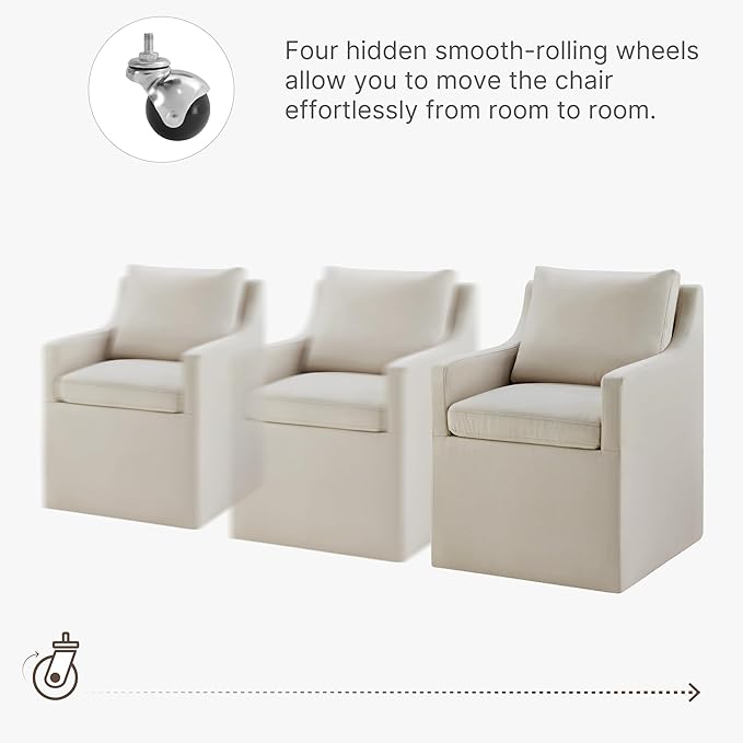 Upholstered Dining Chairs Set of 2, Washable Cover Modren Deskchair with 4 Casters & Hidden Storage for Dining Room, Living Room, Home Office, Flax Beige, 2 Box