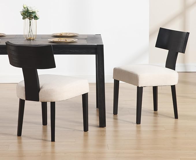 chairus Farmhouse Dining Chairs Set of 2, Upholstered Accent Chairs with Black T-Shape Wood Back Armless Kitchen Chairs with Soft Pad, Linen Beige