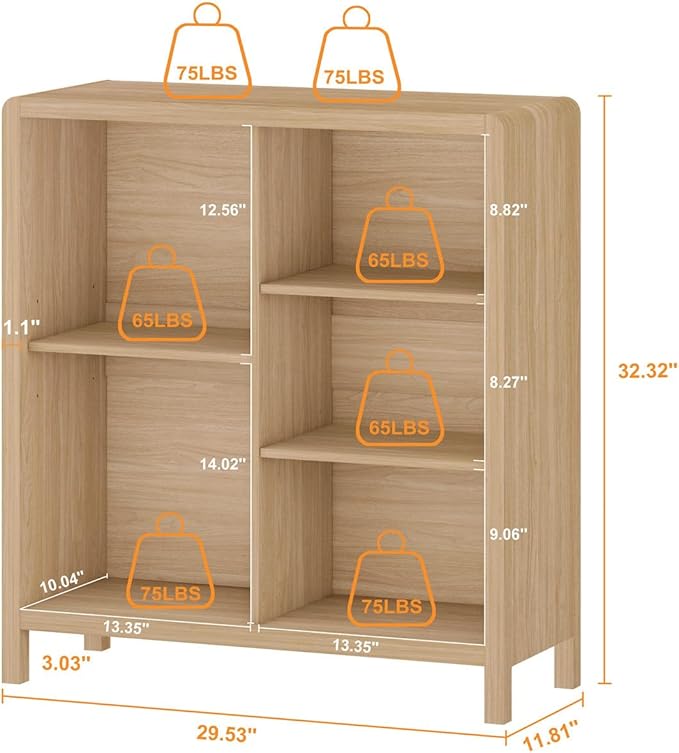 FATORRI 5 Cube Bookshelf, Wood Bookcase with 3 Adjustable Shelves, Modern Cub...