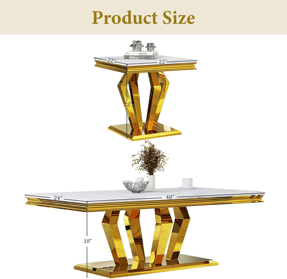 Asday White Coffee Table Set of 3, Gold Polished Geometric Metal Base | Luxur...