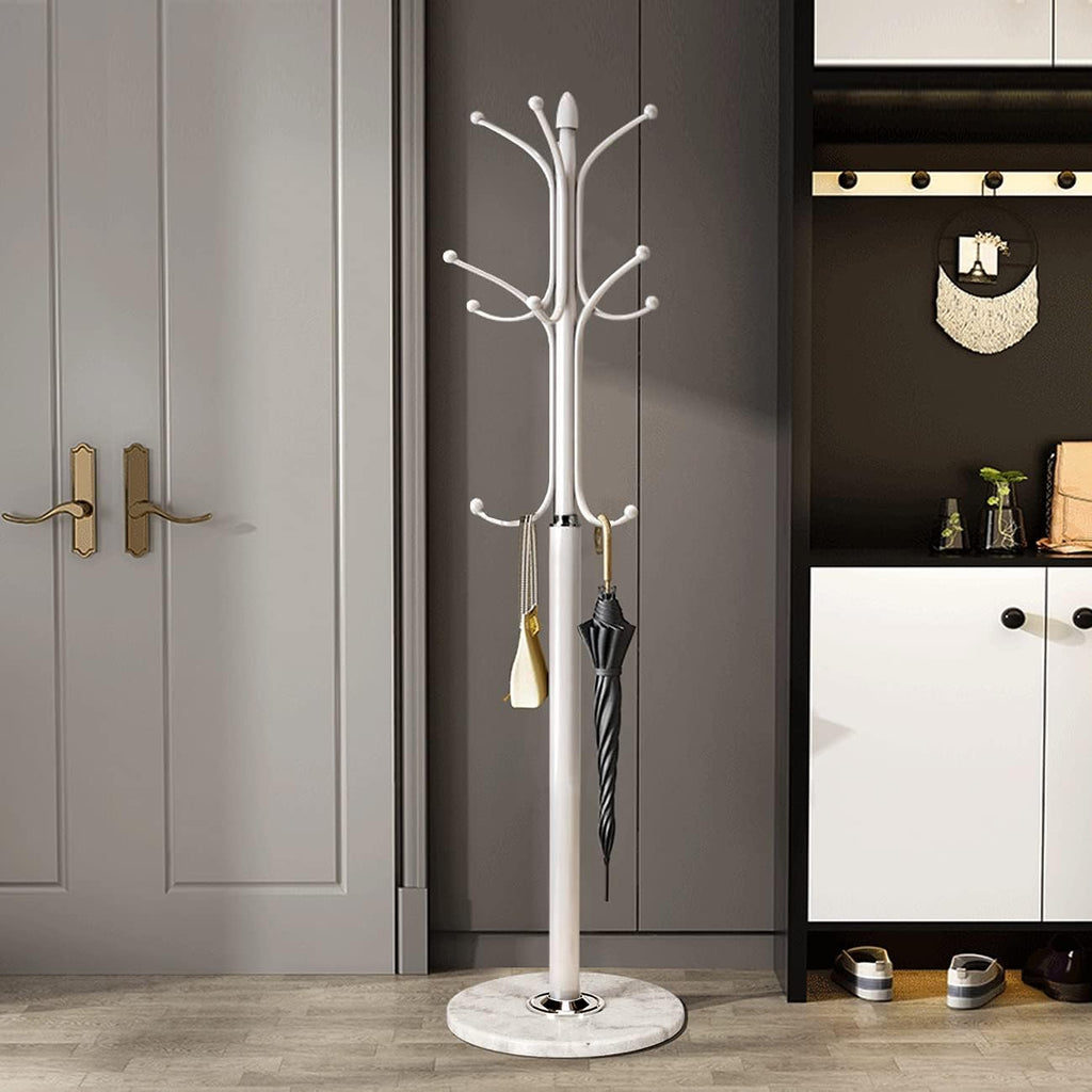 Kertnic Metal Coat Rack Stand with Natural Marble Base, Free Standing Hall Tree with 12 Hooks for Hanging Scarf, Bag, Jacket, Home Entry-way Hat Hanger Organizer (White)
