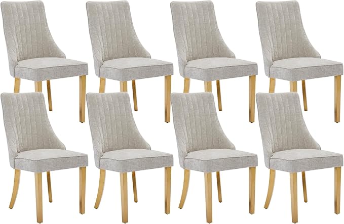 Dining Room Chairs Set of 8，Modern Channel Tufted Upholstered Dining Chairs with Golden Stainless Steel Legs, Comfortable Chenille Fabric Kitchen Chairs for Dining Room (Beige, 8pc)