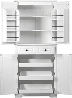 Kitchen Pantry with 3 Pull Out Cabinet Organizers, Farmhouse Freestanding Storage Cabinet with 6 Door Shelves and 2 Drawers for Kitchen, Dining Room (White)