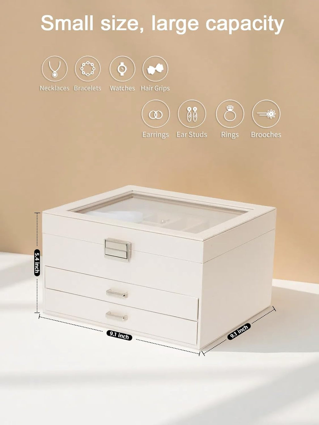 Clear Lid Jewelry Box,3 Layers Jewelry Organizer Large Multi-Functional Jewelry Storage Box with 2 Drawers,Jewelry Display Case of Rings Earrings Necklace Bracelets for Women Girls (Light gold)