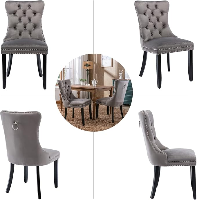 Grey Velvet Dining Chairs Set of 4, Upholstered Dining Room Chairs with Back Ring Pull Trim and Solid Wood Legs,Tufted Wingback Kitchen Chairs for Dining Room,Living Room,Kitchen(Grey)