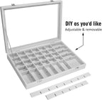 Velvet Jewelry Tray 48 Grid Jewelry Display Tray Organizer Box with Transparent Lid Rings Earrings Necklaces Pendants Display Box Suitable for Women and Girls (Grey)