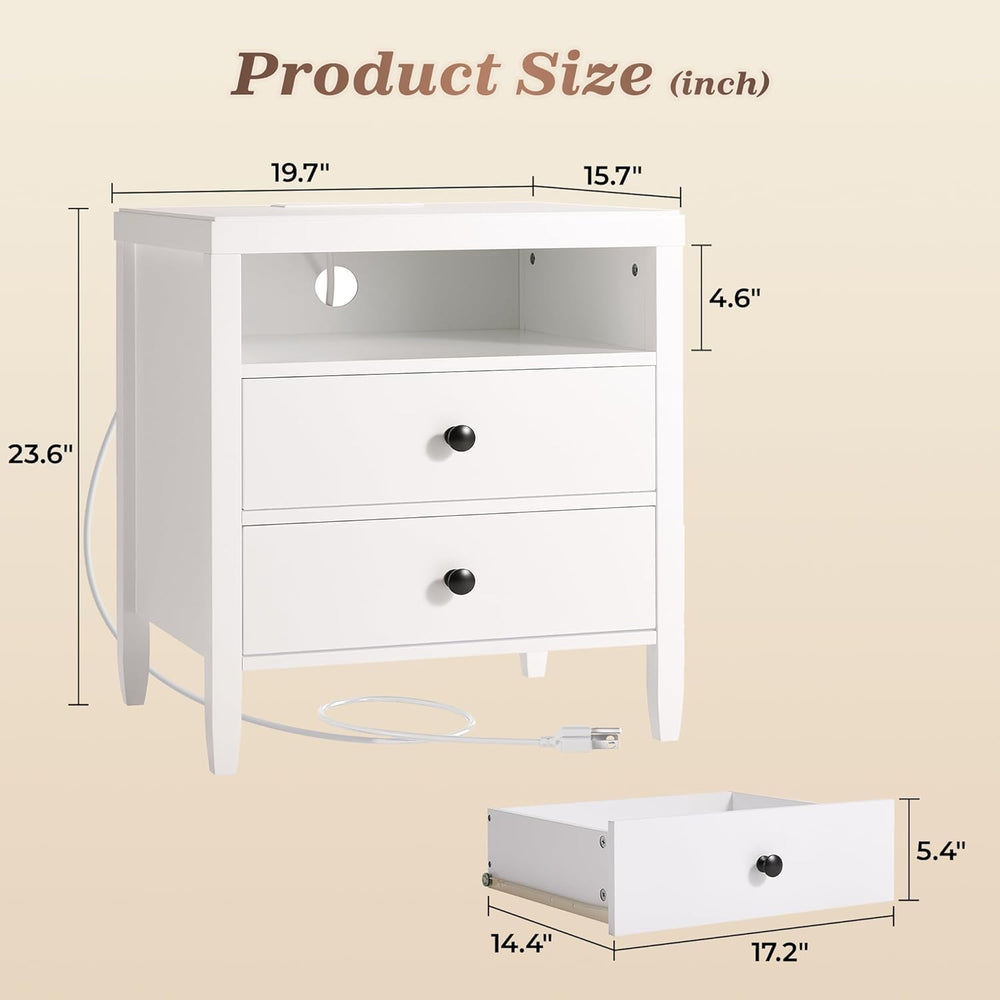 Huuger White Nightstand Set of 2, Night Stand with Charger Station, Bedside T...