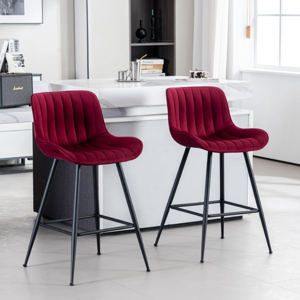 Bar Stools Set of 2 with Velvet Upholstery, Burgundy | Luxury Counter Height ...