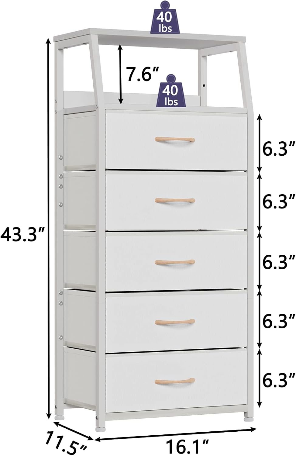 Furnulem White Tall Dresser for Bedroom, 5 Fabric Bins Tall Nightstand | Dorm...