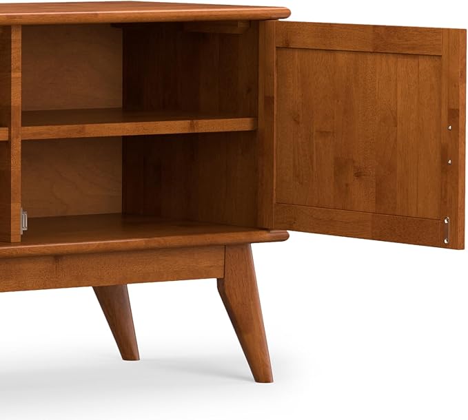 SIMPLIHOME Draper TV Stand - 72 inch Wide Solid Wood Media Console in Teak Brown, Mid Century Modern Entertainment Center for Living Room for TVs up to 80 Inches with Cabinets and Cable Management