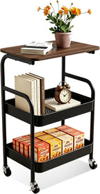 3 Tier Rolling Cart with Walnut Table Top, Sturdy Metal Storage Cart with Lockable Wheels, Multi-Purpose Mobile Shelf for Kitchen, Bedroom, Snacks, Coffee, Craft, Makeup, Garage (Black)