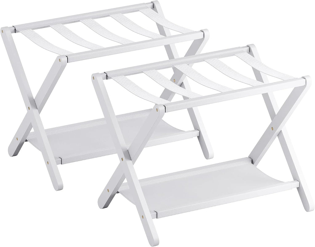 Luggage Rack, Set of 2, Folding Suitcase Stand with Storage Shelf, Premium Bamboo Luggage Holder for Guest Room, Bedroom, Hotel, Closet, Holds up to 135 lb (White)