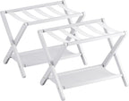 Luggage Rack, Set of 2, Folding Suitcase Stand with Storage Shelf, Premium Bamboo Luggage Holder for Guest Room, Bedroom, Hotel, Closet, Holds up to 135 lb (White)