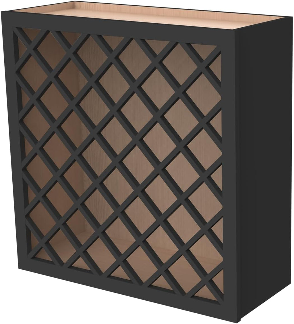 Solid Wood RTA Wine Bottle Rack Wall Cabinet with Lattice Panels - Bottle Holder Storage for Bar, Pantry, or Wine Cellar - Mocha finish Countertop Solution (Charcoal Black, 24'W 12'D 30'H)
