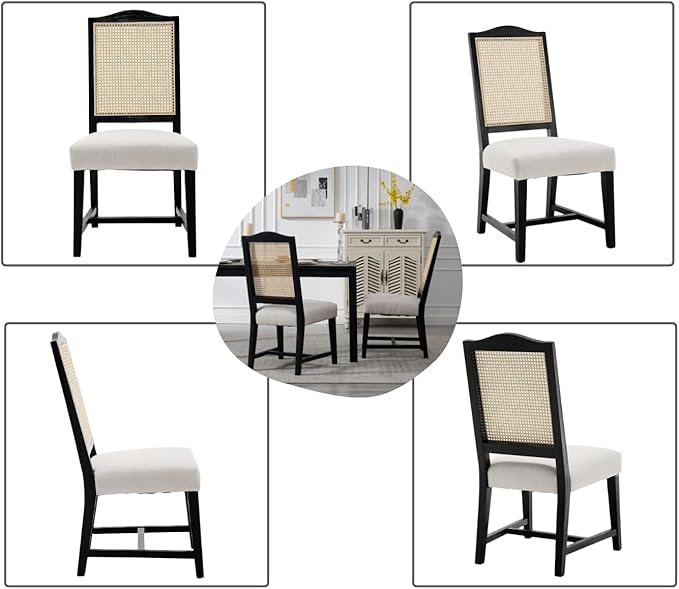 EALSON Rattan Dining Chairs Set of 6 Linen Upholstered Dining Room Chairs with Cane Back Mid Century Modern Kitchen Chairs Black Wood Frame Side Chairs for Dining Room/Kitchen, Beige