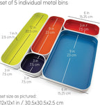 Three by Three Seattle 5 Piece Shallow Metal Organizer Tray Set for Storing Makeup, Stationery, Utensils, and More in Office Desk, Kitchen and Bathroom Drawers (1 Inch, Assorted Colors)
