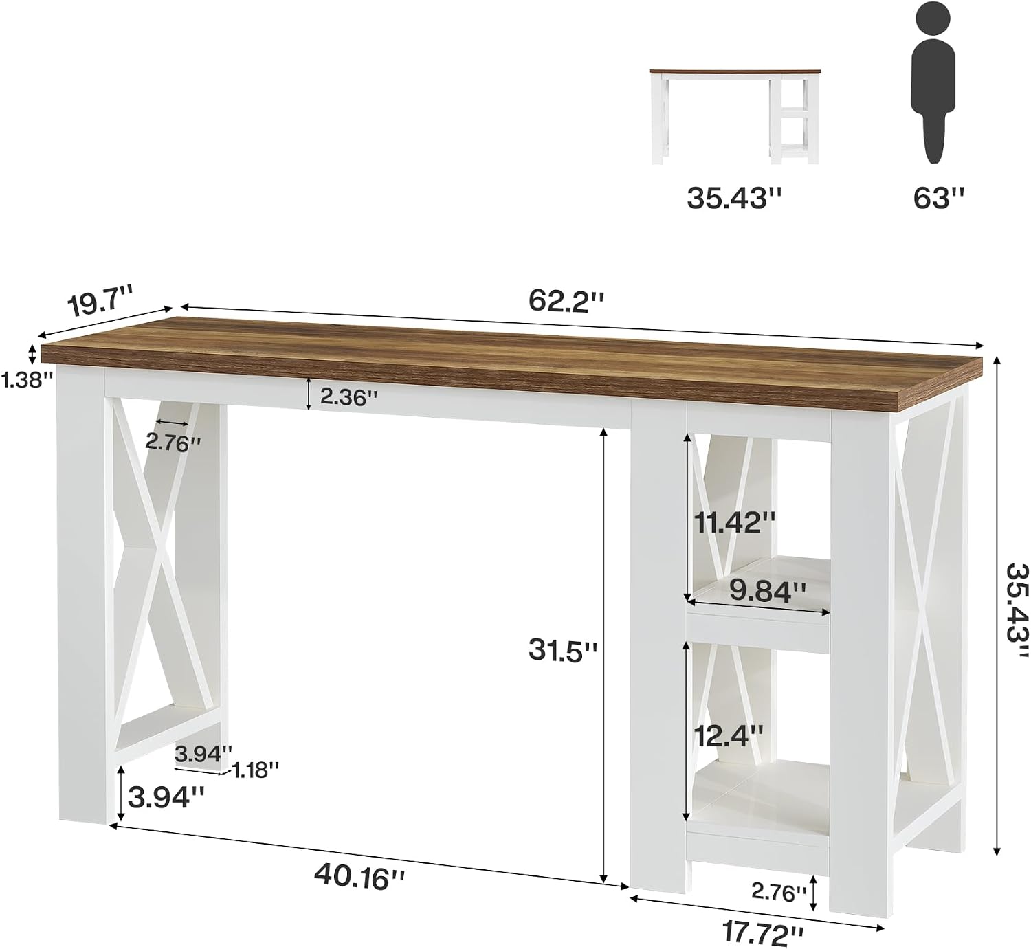 Tribesigns 62" Kitchen Island with Storage, Stationary Island Table | 2-Tier Open Storage Shelves, X-Frame Structure, Counter Height Table for Kitchen, Dining Room, Rustic Brown & White