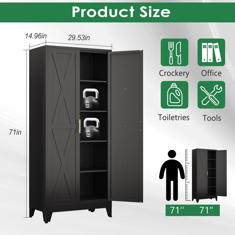 pozdeg 71" Tall Kitchen Pantry Cabinet, Metal Storage Cabinet with 2 Doo...