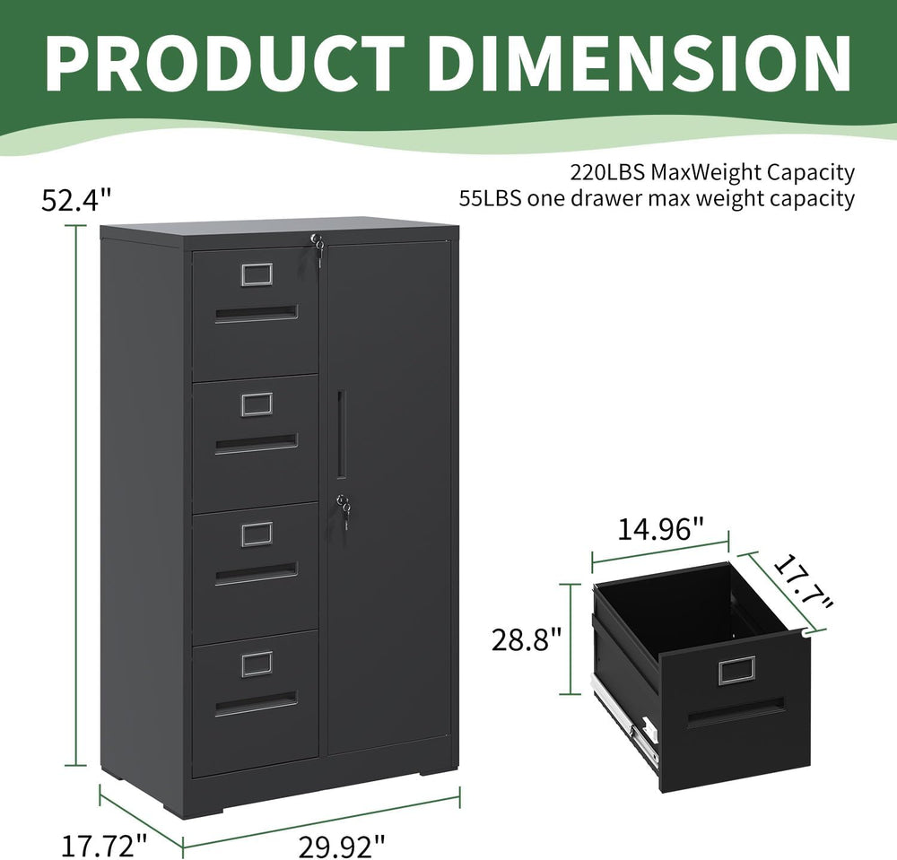 File Cabinet 4 Drawer, Vertical File Cabinet with Lock and 1 Door, File Cabin...