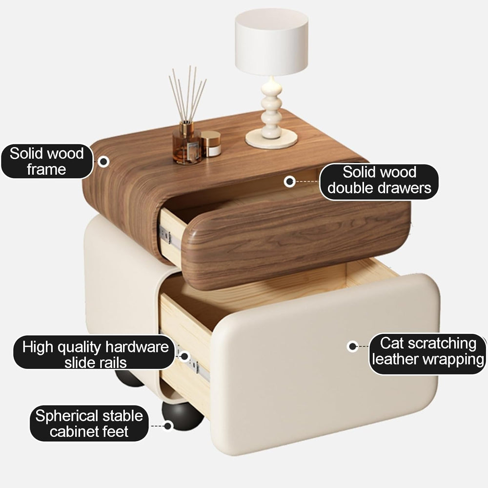 Stylish Rotatable Solid Wood Bedside Table Double Drawers Storage Cabinet wit...