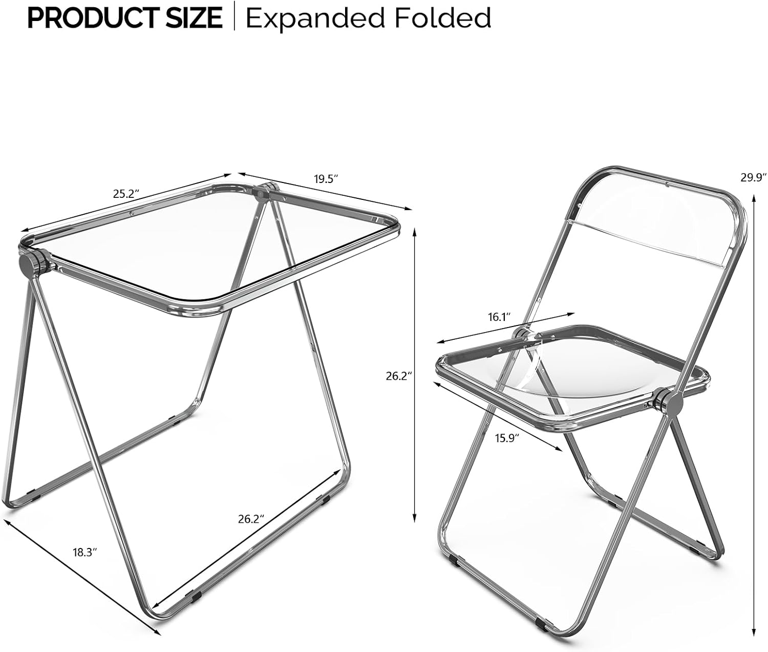 VINGLI Folding Acrylic Table and Chair Set Small TV Tray for Snack Dinner on Couch, Tiny Foldable Desk Writing Desk for Home Office for Small Spaces