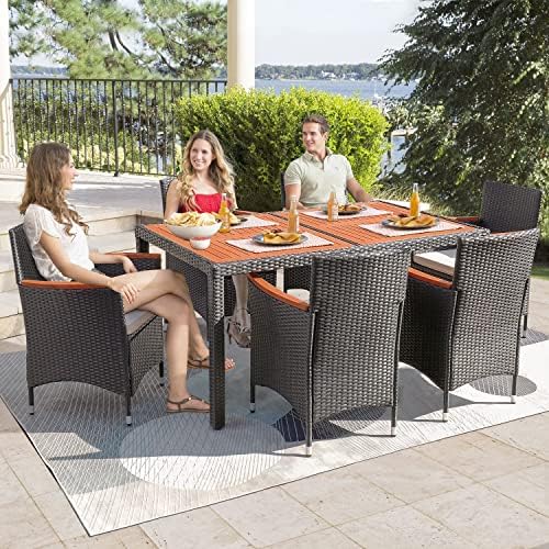 Flamaker Patio Dining Set for 6 Outdoor Acacia Wood Table and Chairs, Black
