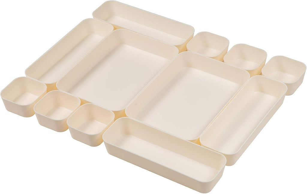 Set Of 12 Beige Color Plastic Desk Drawer Organizers For Makeup Bathroom Office Kitchen Vanity Drawer Storage Box Container