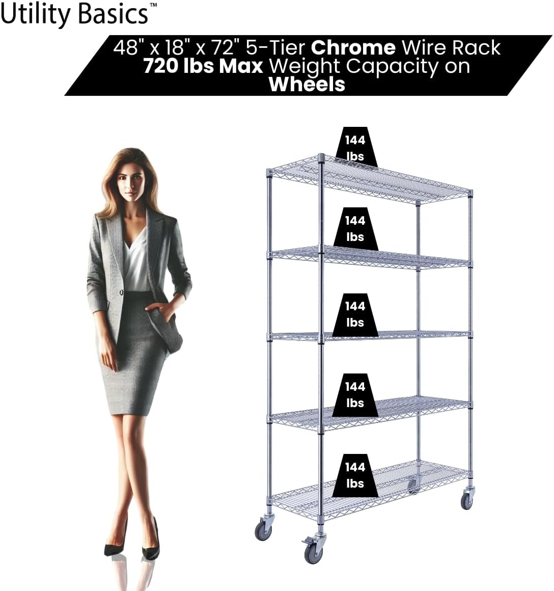 NSF Commercial 5-Tier Wire Shelving with Wheels, 48"x18"x72" Heavy Duty Metal Shelves 4000 lbs Max Capacity, Chrome Storage Rack for Garage Kitchen Pantry Warehouse