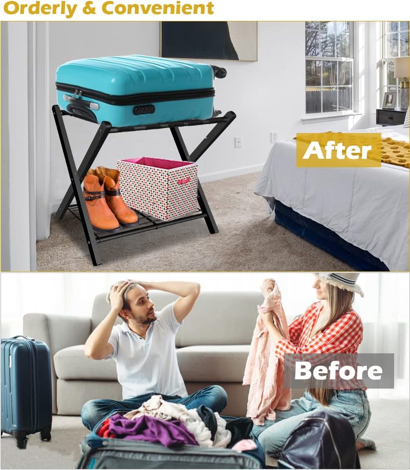 mocomax 1 Pack Folding Luggage Rack for Guest Room, Foldable Suitcase Stand Holder with Metal Storage Shelf for Bedroom, Living Room, Hotel Essentials, Heavy Duty Steel Frame, Black