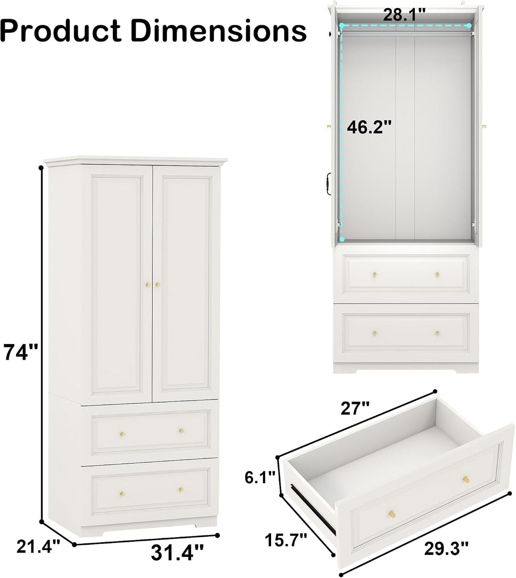 White Armoire Wardrobe Closet with Drawers: Wardrobe Closet for Hanging Clothes, Modern Bedroom Armoires with Hanging Rod, Wardrobes Closets with Doors and Shelves (White, 31.5")