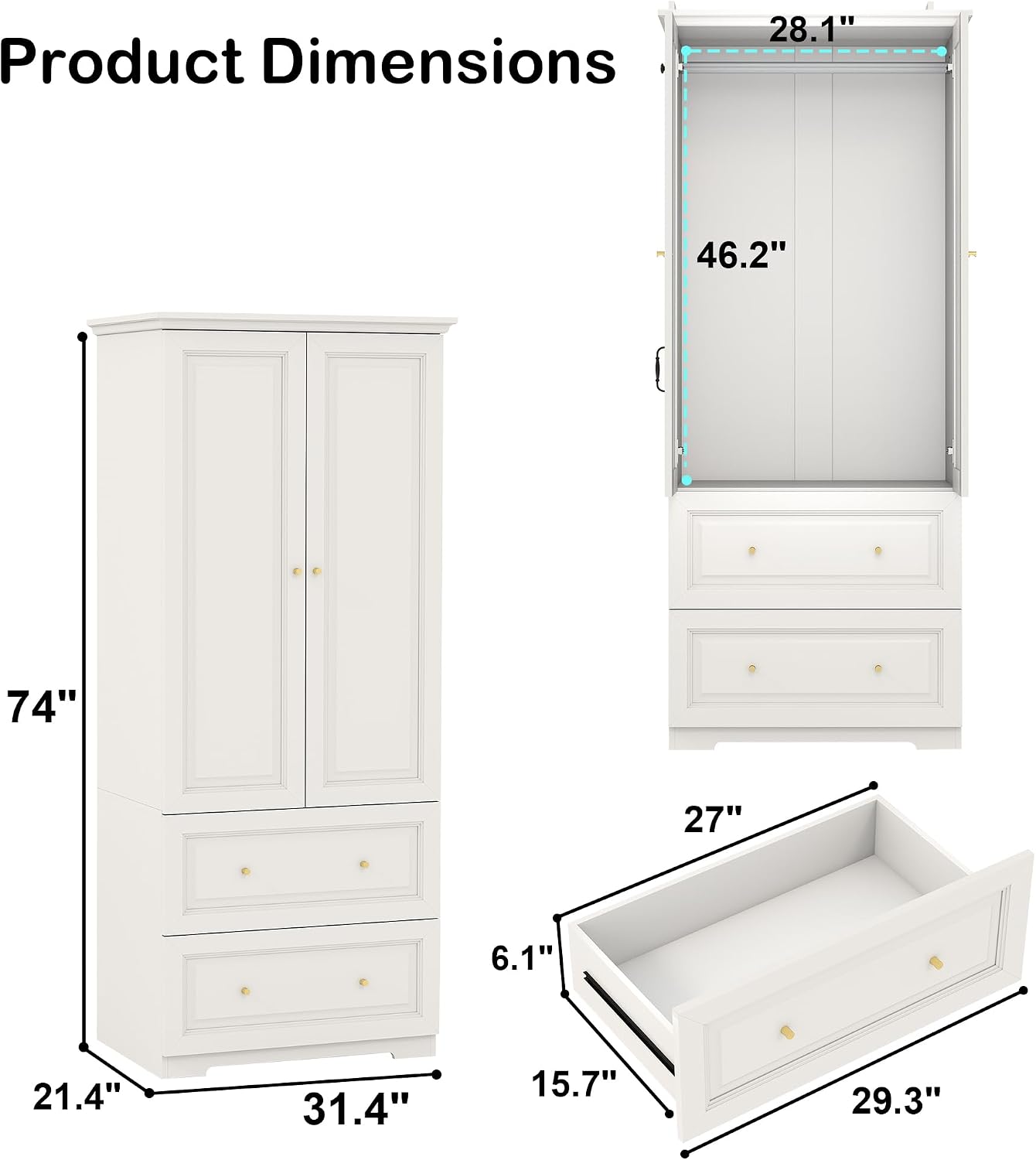 White Armoire Wardrobe Closet with Drawers: Wardrobe Closet for Hanging Clothes, Modern Bedroom Armoires with Hanging Rod, Wardrobes Closets with Doors and Shelves (White, 31.5")
