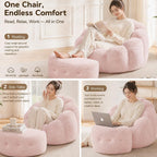 Pink Flower Bean Bag Chair with Ottoman, Fuax Fur Comfy Reading Chair for Bedroom, Fluffy Plush Floor Lazy Sofa for Living Room, Reading Nook