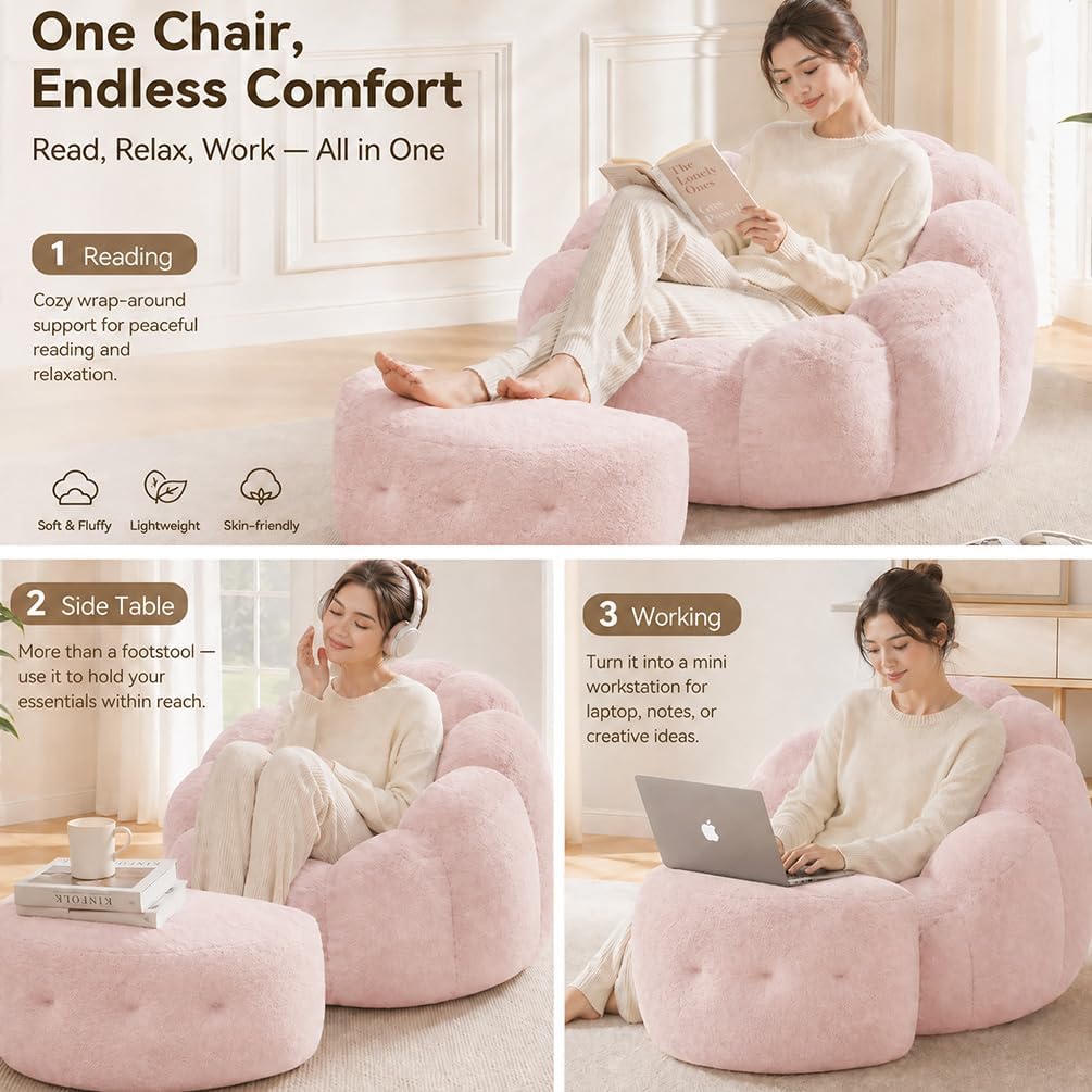 Pink Flower Bean Bag Chair with Ottoman, Fuax Fur Comfy Reading Chair for Bedroom, Fluffy Plush Floor Lazy Sofa for Living Room, Reading Nook