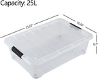 25 L Plastic Sturdy Rolling Under Bed Storage Container Bins, Clear Underbed Storage with Latching Lid and Wheels, 4 Packs