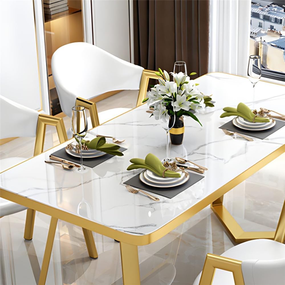Dining Table Set Marble Stone Tabletop Nordic Style Dining Table Rectangle for Dining Room Kitchen Leisure 5 Piece (Contains 4 Chairs 1 Table) -Yellow