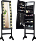 Giantex Standing Jewelry Armoire with 18 LED Lights Around the Door, Large Storage Mirrored Jewelry Cabinet with Full Length Mirror, 16 Lipstick Holders, 1 Inside Makeup Mirror (Black)