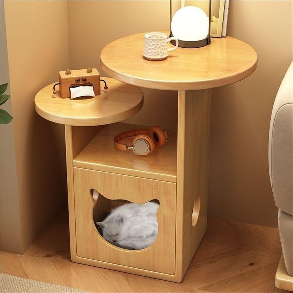 Round End Table with Cat Nest Nightstand Side Table with Storage Bedside Tabl...
