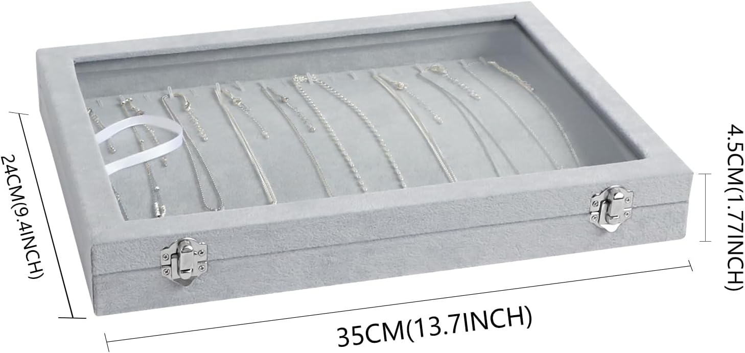 Wudygirl 20 Hooks Necklace Organizer Velvet Jewelry Organizer Showcase for Necklaces Jewelry Box Stackable Glass Top Lockable (Necklace Organizer)