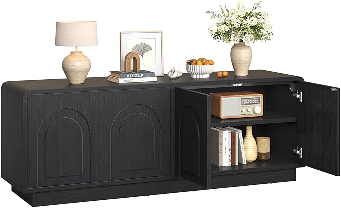 Bestier 63" Mid Century Modern TV Stand for Living Room, Wood Media Console Cabinet for TVs up to 70", Entertainment Center with 4 Arched Doors, Hidden Storage & Adjustable Shelves, Black