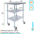 AmGood Stainless Steel Work Table with 2 Shelves and Casters | Metal Utility Table On Wheels (Stainless Steel Work Table with 2 Shelves + Casters, 30" Long x 24" Deep)
