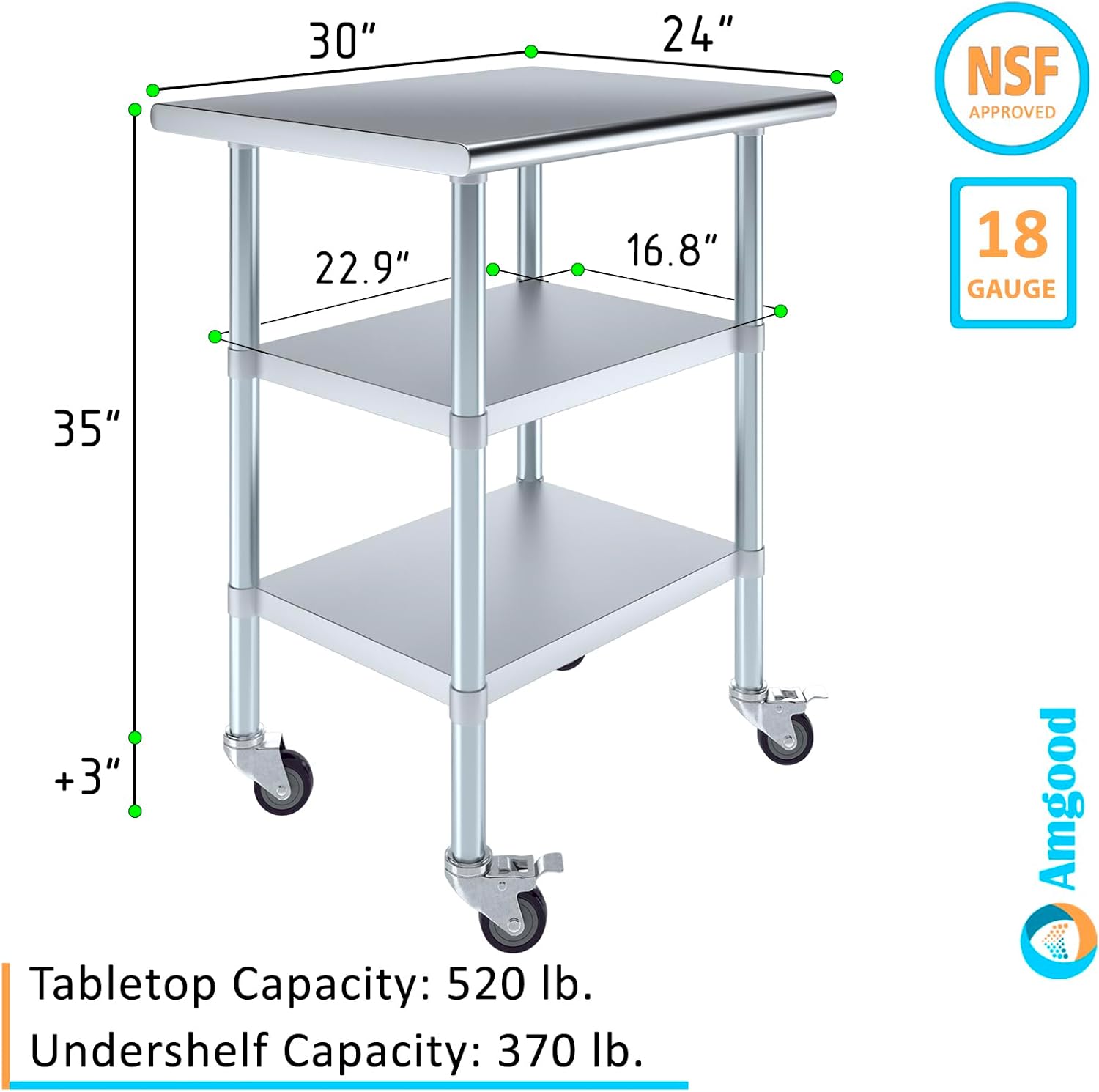 AmGood Stainless Steel Work Table with 2 Shelves and Casters | Metal Utility Table On Wheels (Stainless Steel Work Table with 2 Shelves + Casters, 30" Long x 24" Deep)